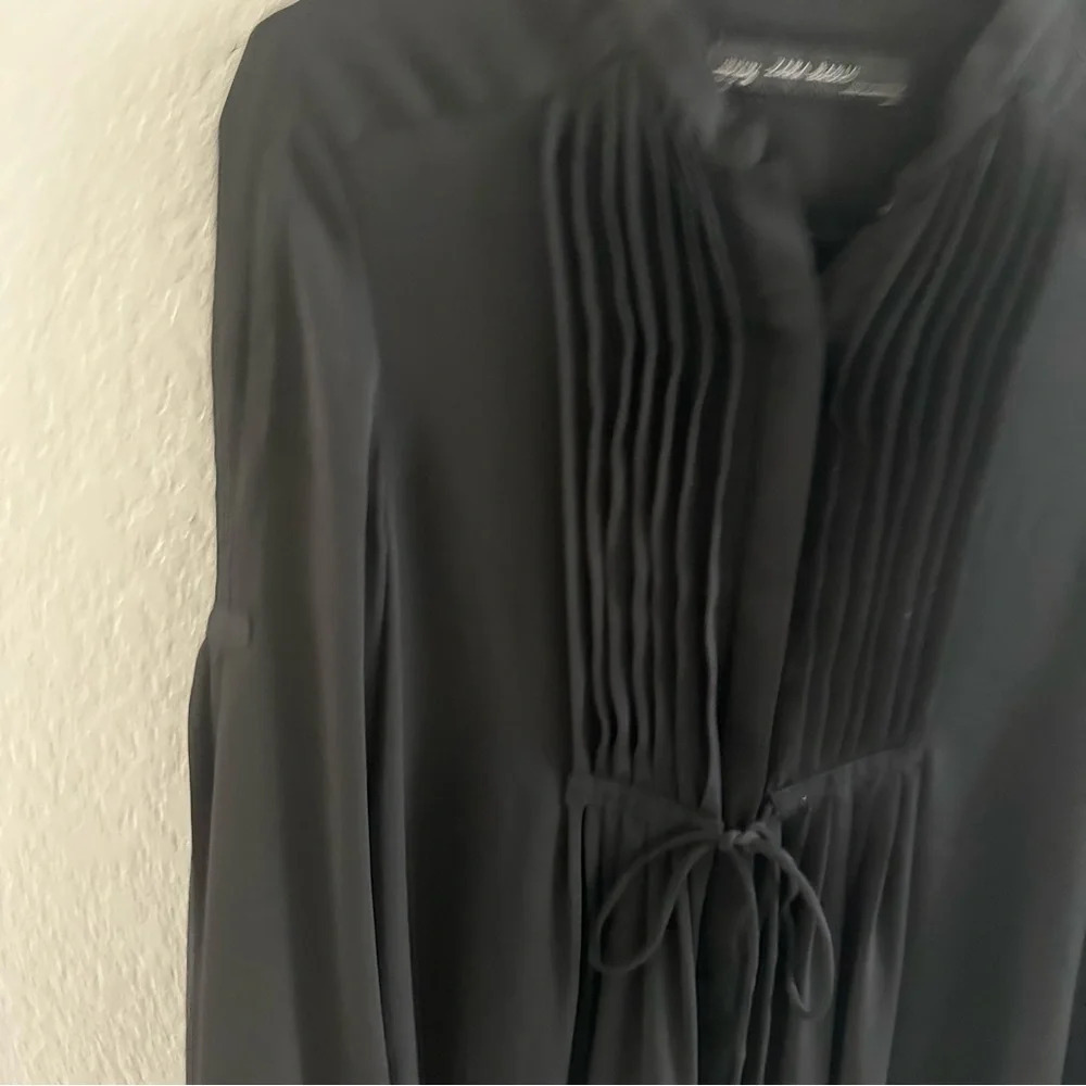 Zara black tie waist sheer long sleeve button down tunic dress shirt - Picture 3 of 8